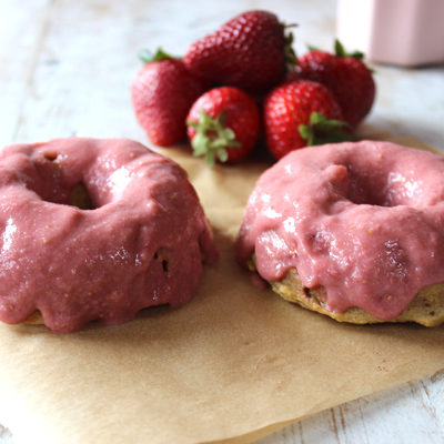 Healthy. Easy. Baked blender strawberry plantain donuts.